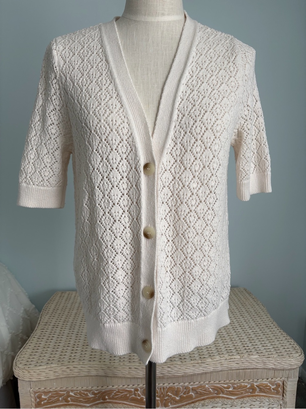 LOFT Cream Short-Sleeve Openwork Button Cardigan